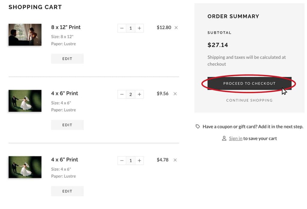 Mouse clicking the "CHECKOUT" button on the Pixieset store with photos from Rebecca Warren Photography