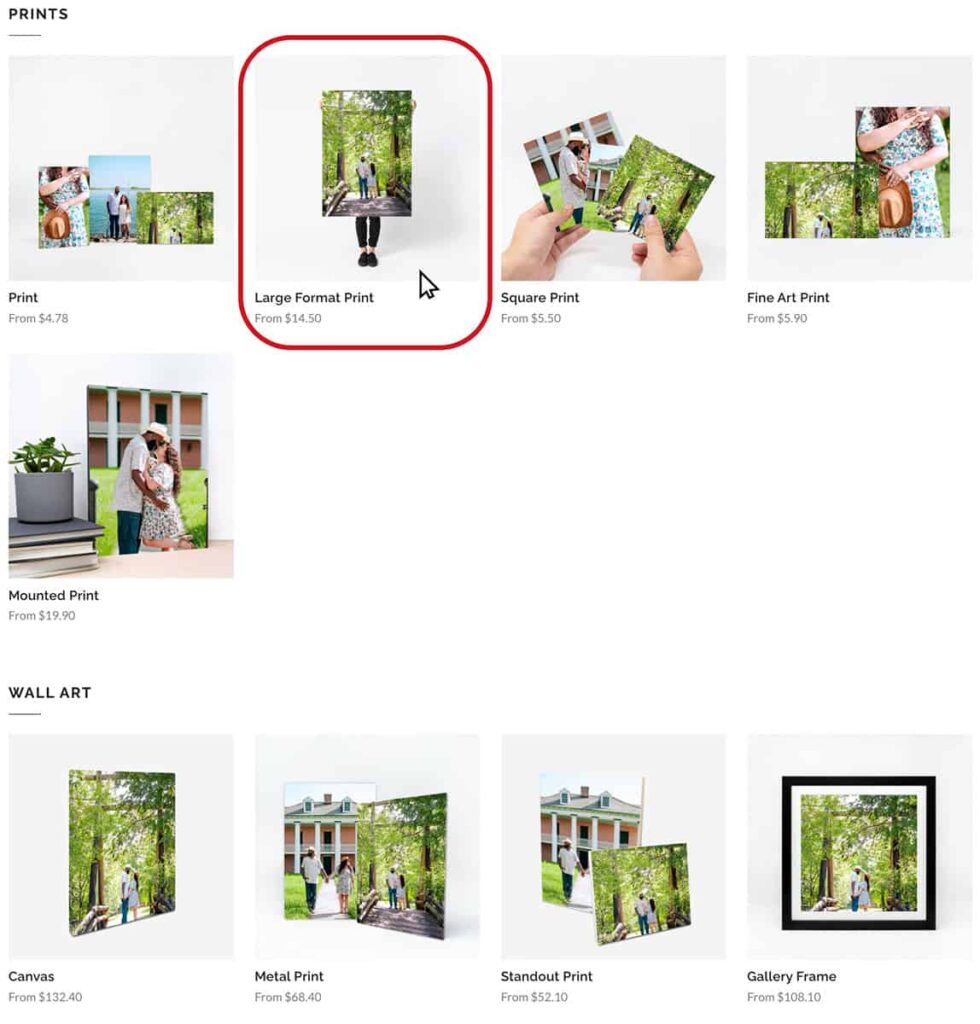 Mouse clicking the "Large Form Prints" button on the Pixieset store with photos from Rebecca Warren Photography