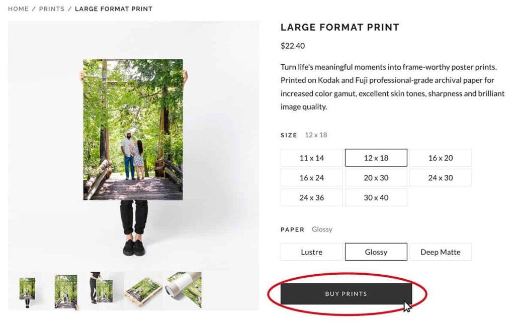 Mouse clicking the "BUY PHOTO" button on the Pixieset store with photos from Rebecca Warren Photography
