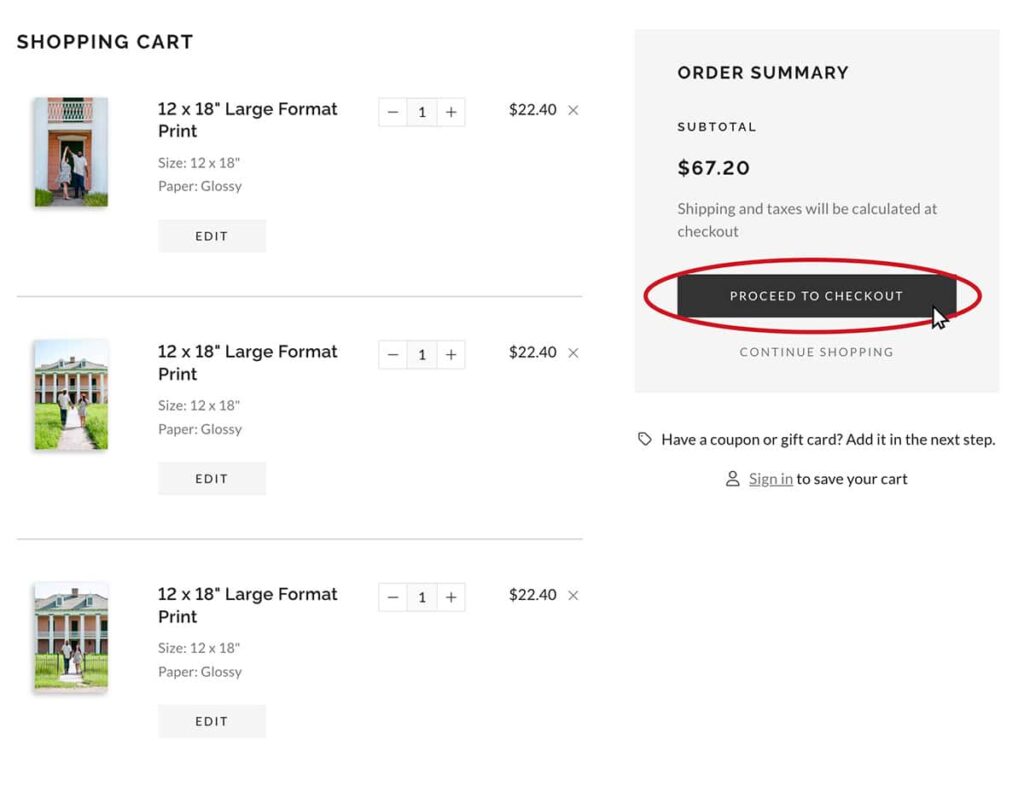 Mouse clicking the "CHECKOUT" button on the Pixieset store with photos from Rebecca Warren Photography